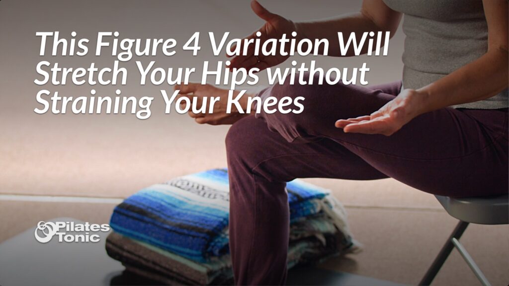Person demonstrating modified figure 4 hip stretch while seated on folding chair